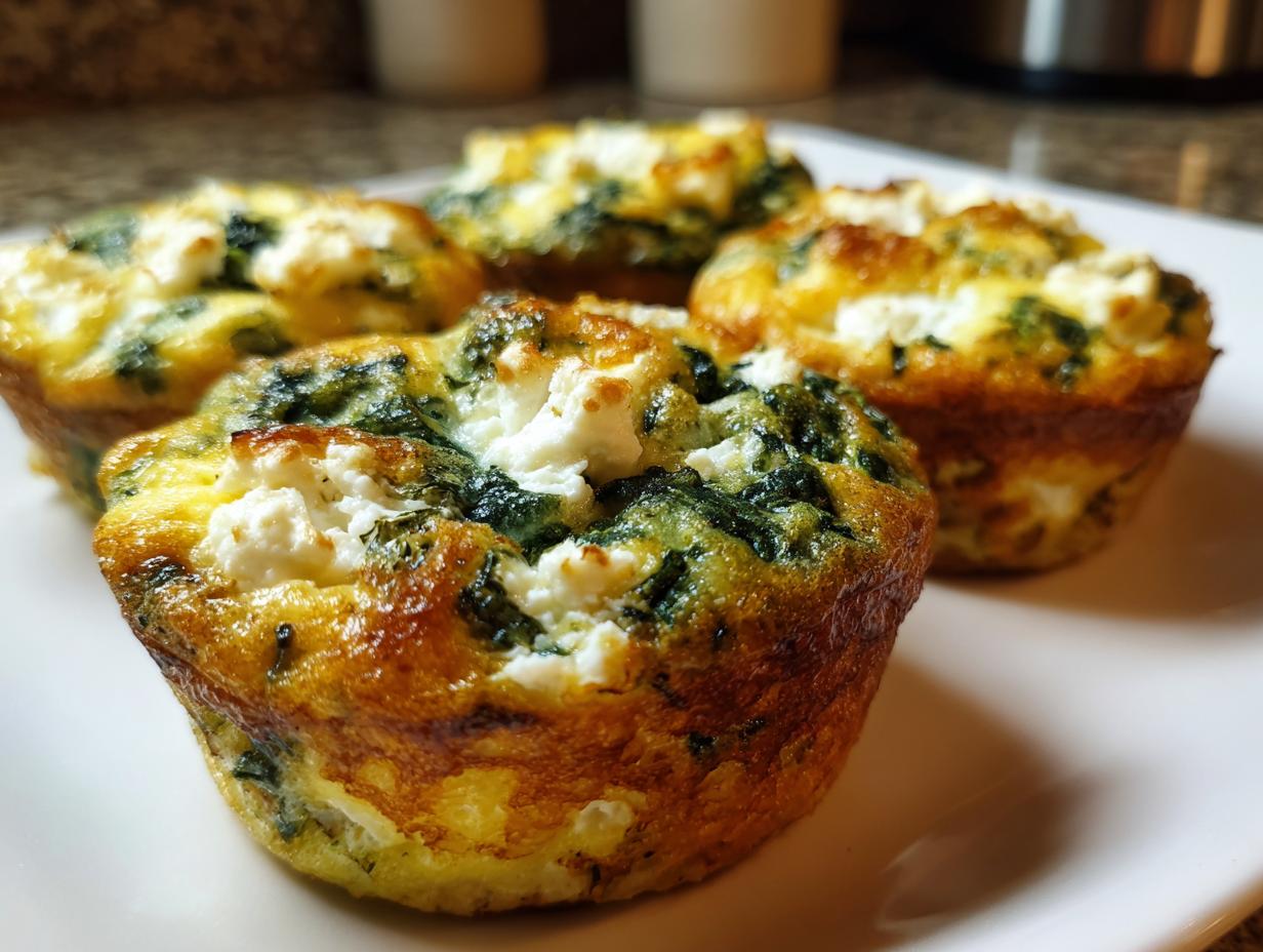 Close-up of baked spinach feta egg muffins on a white plate, showcasing golden-brown tops and visible feta cheese and spinach.