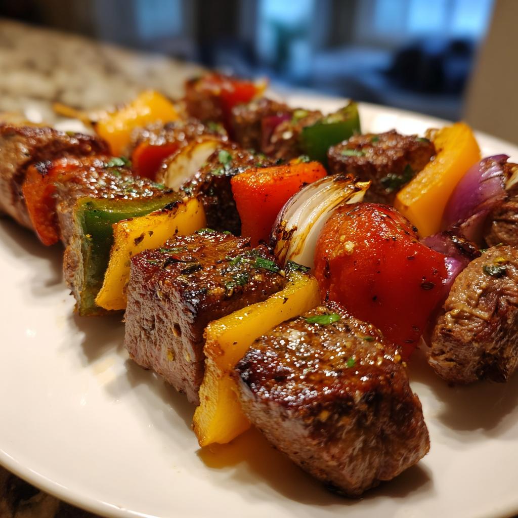 Close-up of grilled steak kabobs with colorful bell peppers and red onions, seasoned and garnished with herbs.