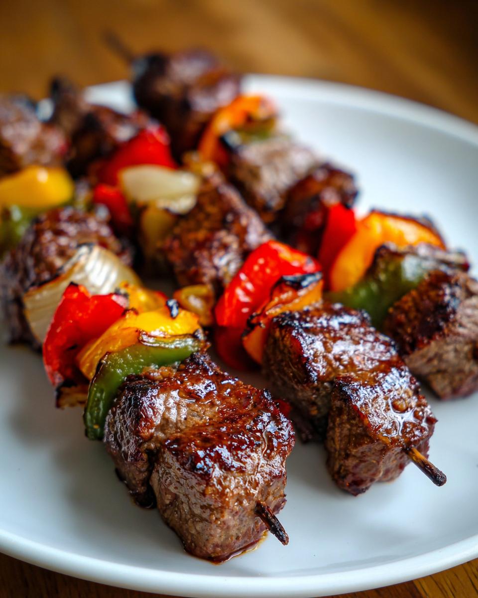 Close-up of perfectly grilled steak kabobs with colorful bell peppers and onions on a white plate.