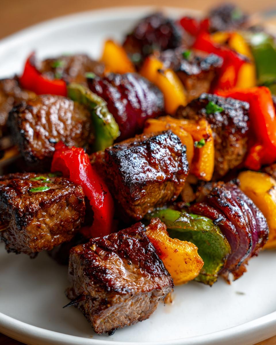 Close-up of grilled steak kabobs with colorful peppers and onions on a white plate.