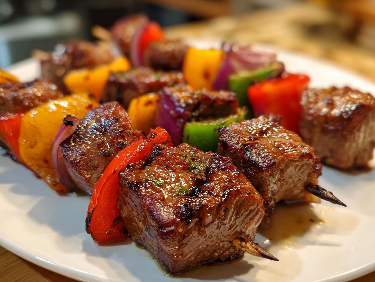 Close-up of grilled steak kabobs with colorful bell peppers and red onions on a white plate.