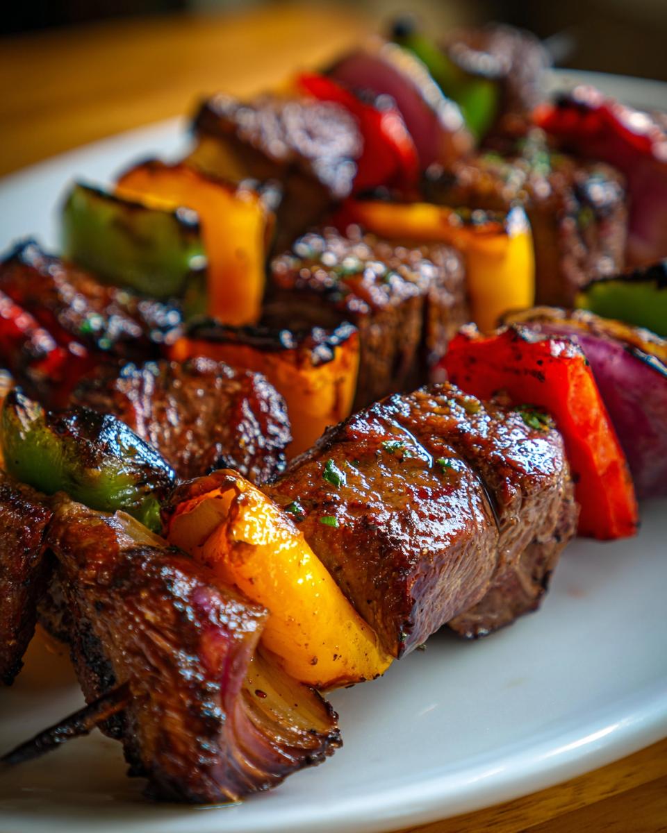 Close-up of grilled steak kabobs with chunks of steak, bell peppers, and red onion on a white plate.