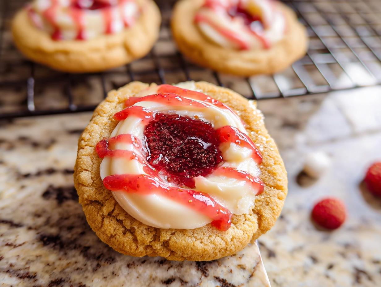 Close-up of a delicious Strawberry Cheesecake Cookie Pretty, topped with cream cheese frosting and strawberry drizzle.
