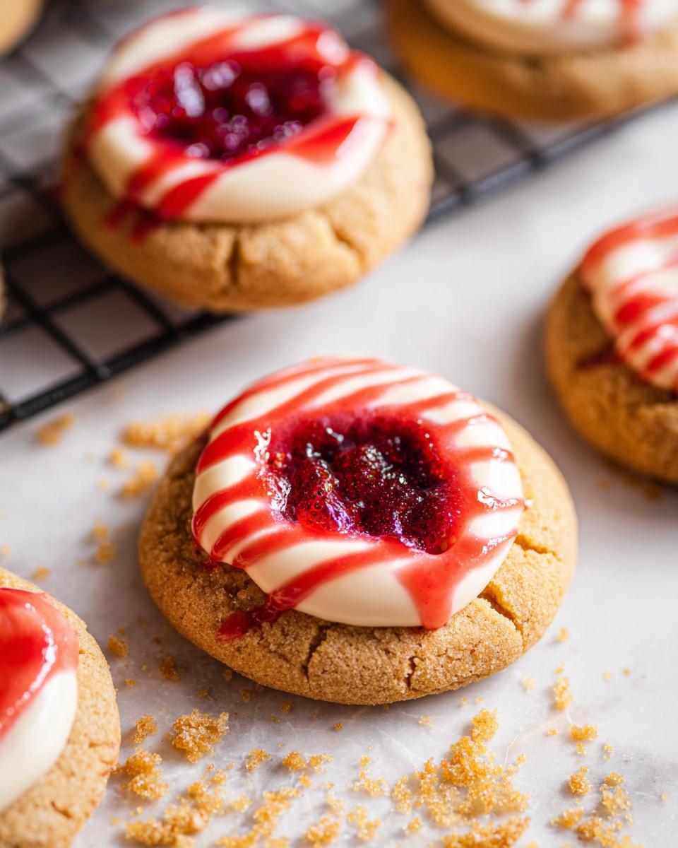 Close-up of a Strawberry Cheesecake Cookie Pretty, topped with cream cheese frosting, strawberry filling, and a red drizzle.