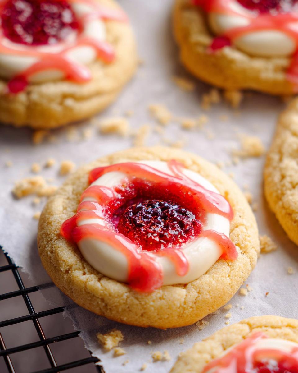 Close-up of a Strawberry Cheesecake Cookie Pretty with creamy frosting and a strawberry swirl.