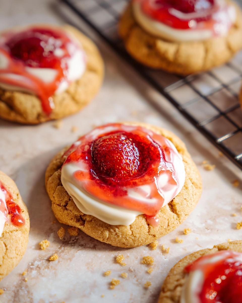 Close-up of a Strawberry Cheesecake Cookie Pretty topped with cream cheese frosting, a fresh strawberry half, and strawberry sauce.