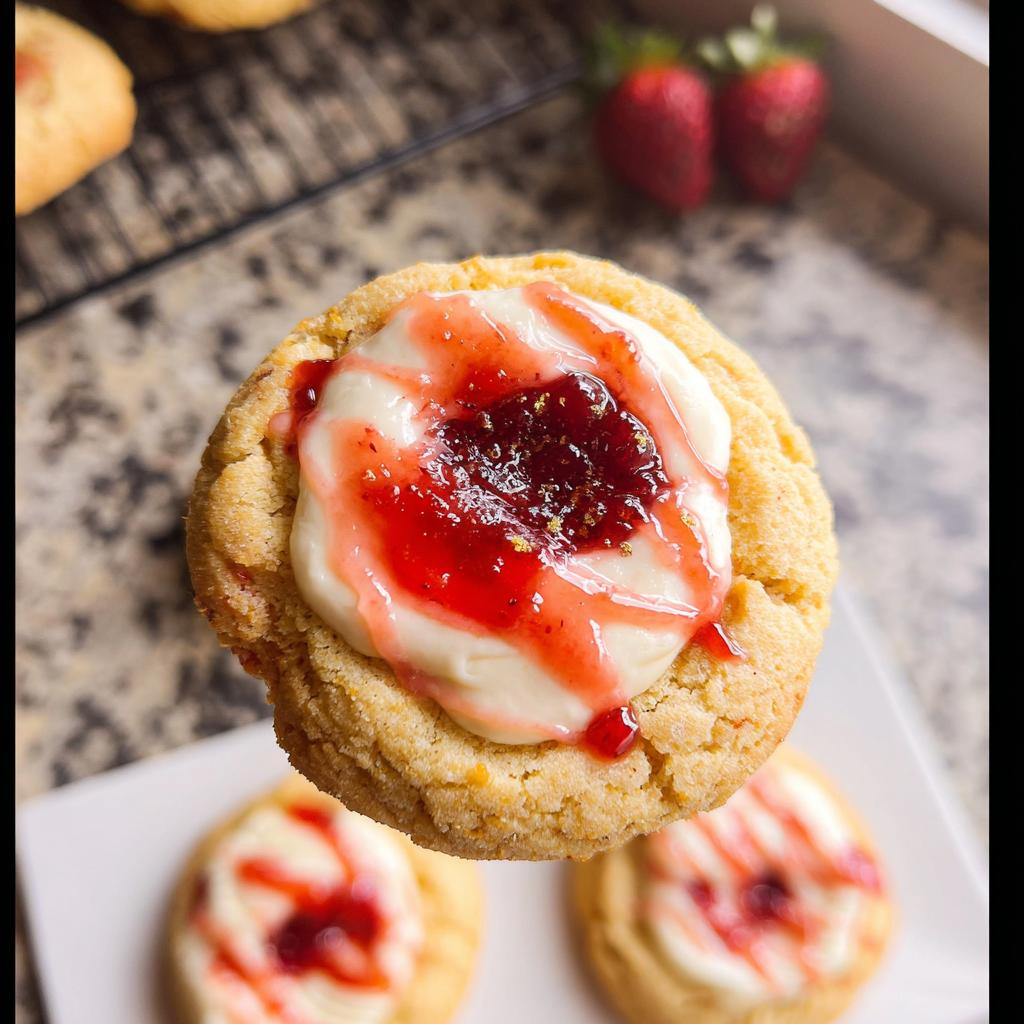 Close-up of a delicious Strawberry Cheesecake Cookie Pretty topped with cream cheese frosting and strawberry jam.