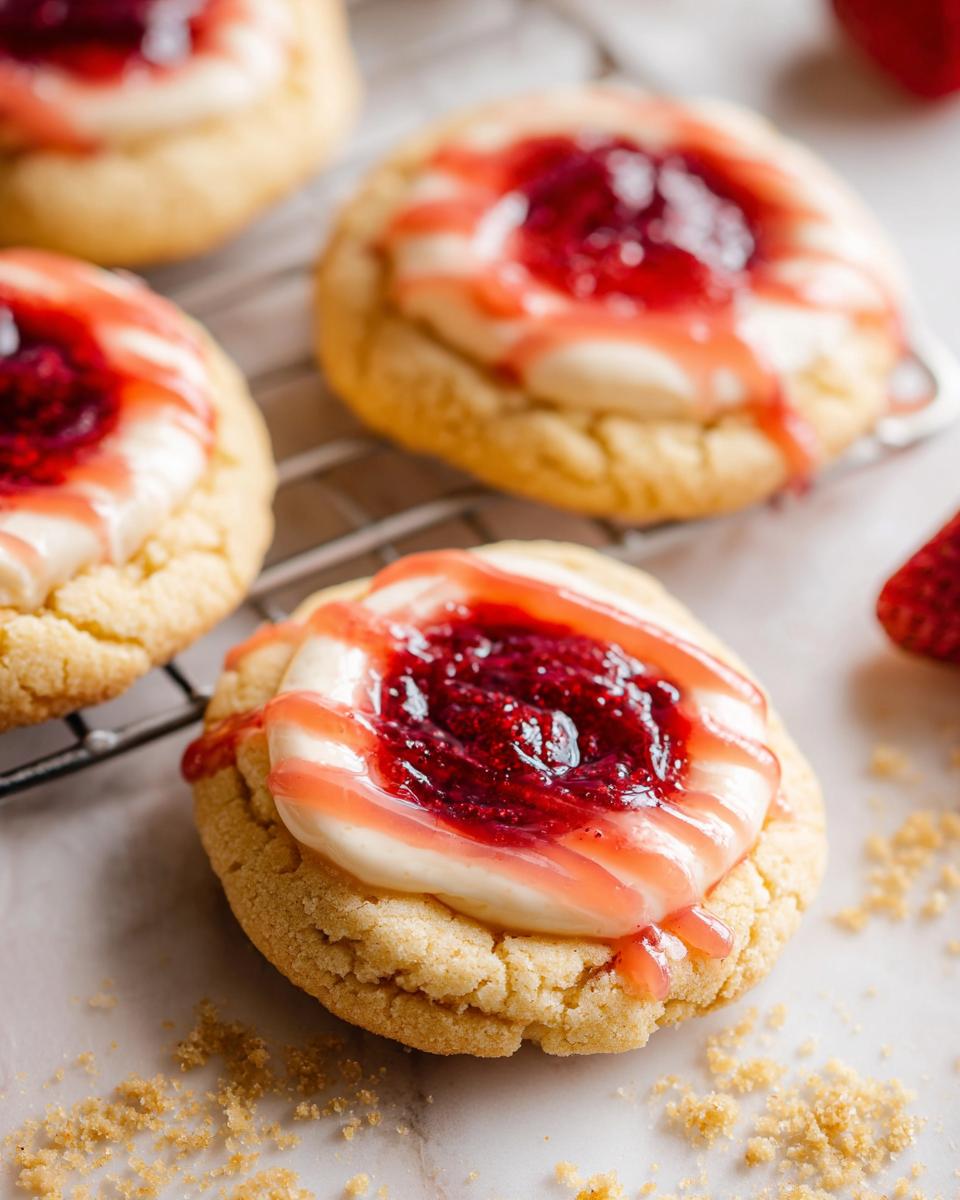 Close-up of delicious Strawberry Cheesecake Cookies, topped with cream cheese frosting and strawberry jam, drizzled with strawberry sauce.