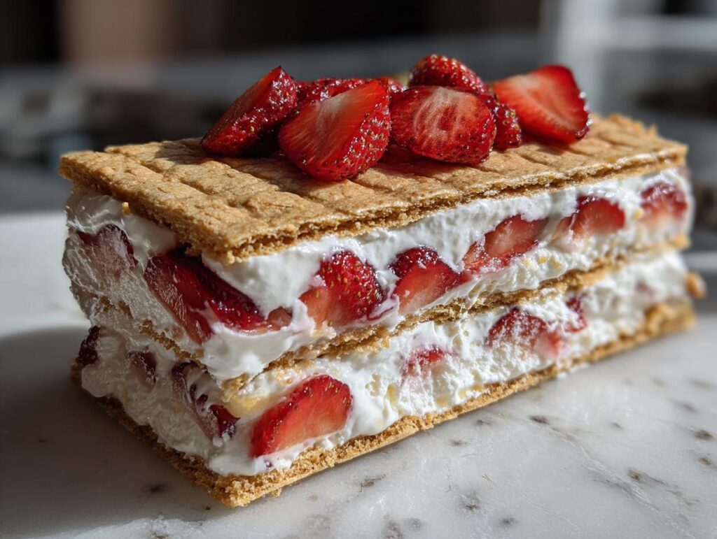 A slice of strawberry icebox cake with layers of graham crackers, whipped cream, and fresh strawberries.