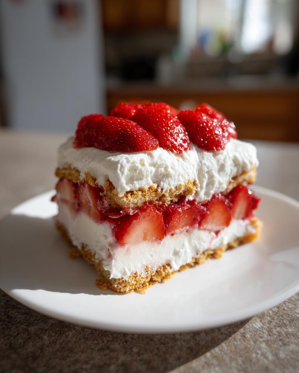 A slice of strawberry icebox cake, featuring layers of cream, strawberries, and graham cracker crust, topped with fresh strawberries.