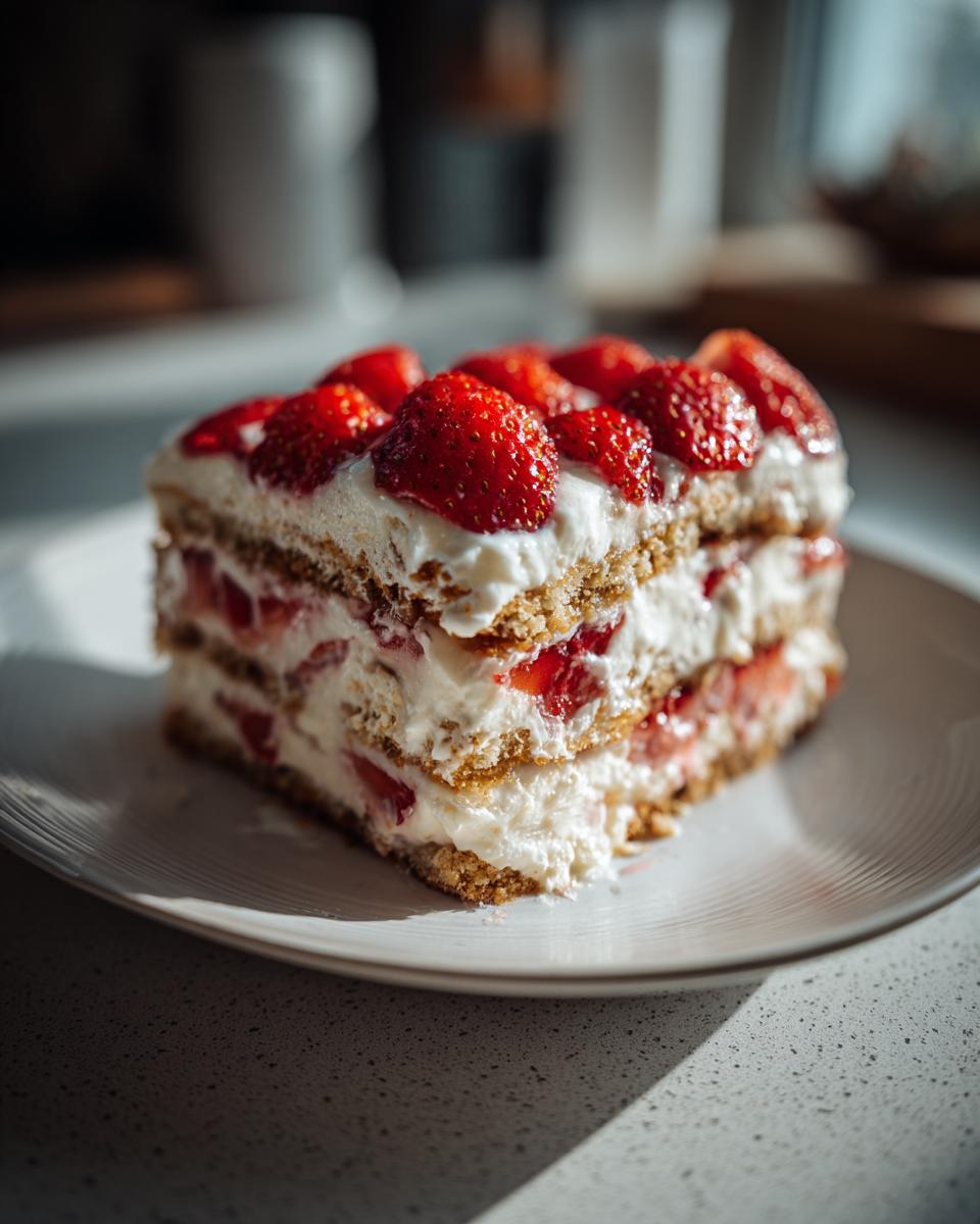 A slice of creamy icebox cake layered with strawberries and whipped cream, topped with fresh strawberries.