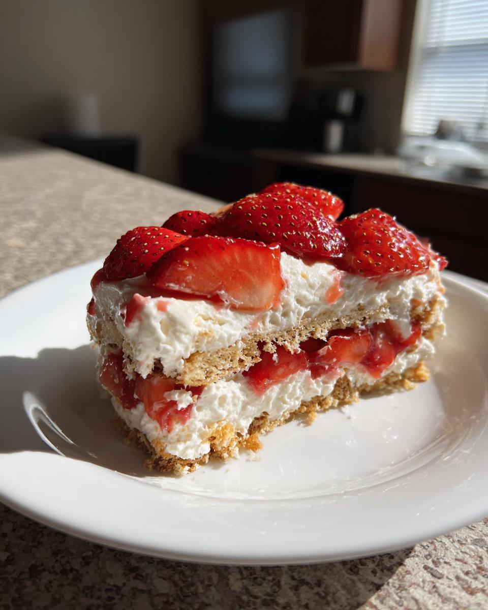 A slice of creamy strawberry icebox cake with layers of whipped cream, graham crackers, and fresh strawberries.