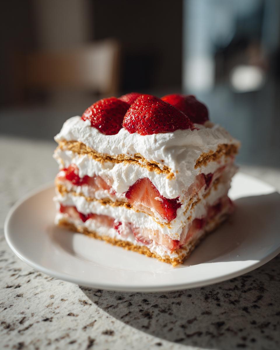 A slice of strawberry icebox cake made with layers of cookies, whipped cream, and fresh strawberries, topped with whole berries.