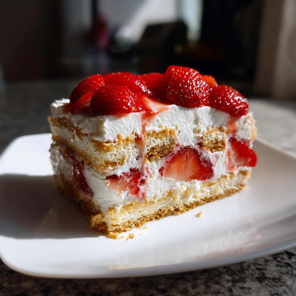A slice of creamy strawberry icebox cake layered with cookies, whipped cream, and fresh strawberries.