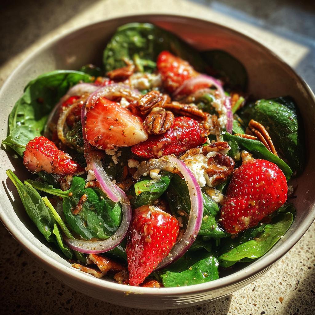 A vibrant bowl of strawberry spinach salad with pecans, red onion, and feta cheese.