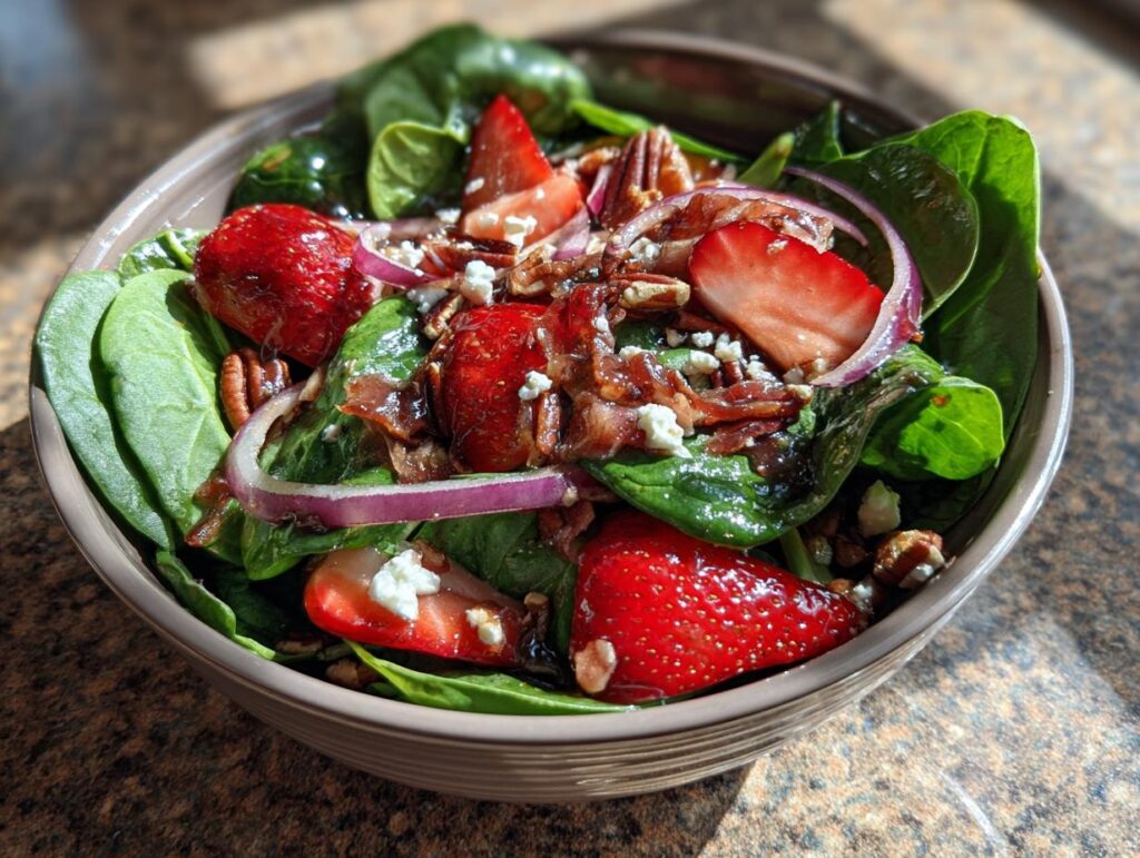A close-up of a vibrant strawberry spinach salad with red onion, pecans, and crumbled cheese.