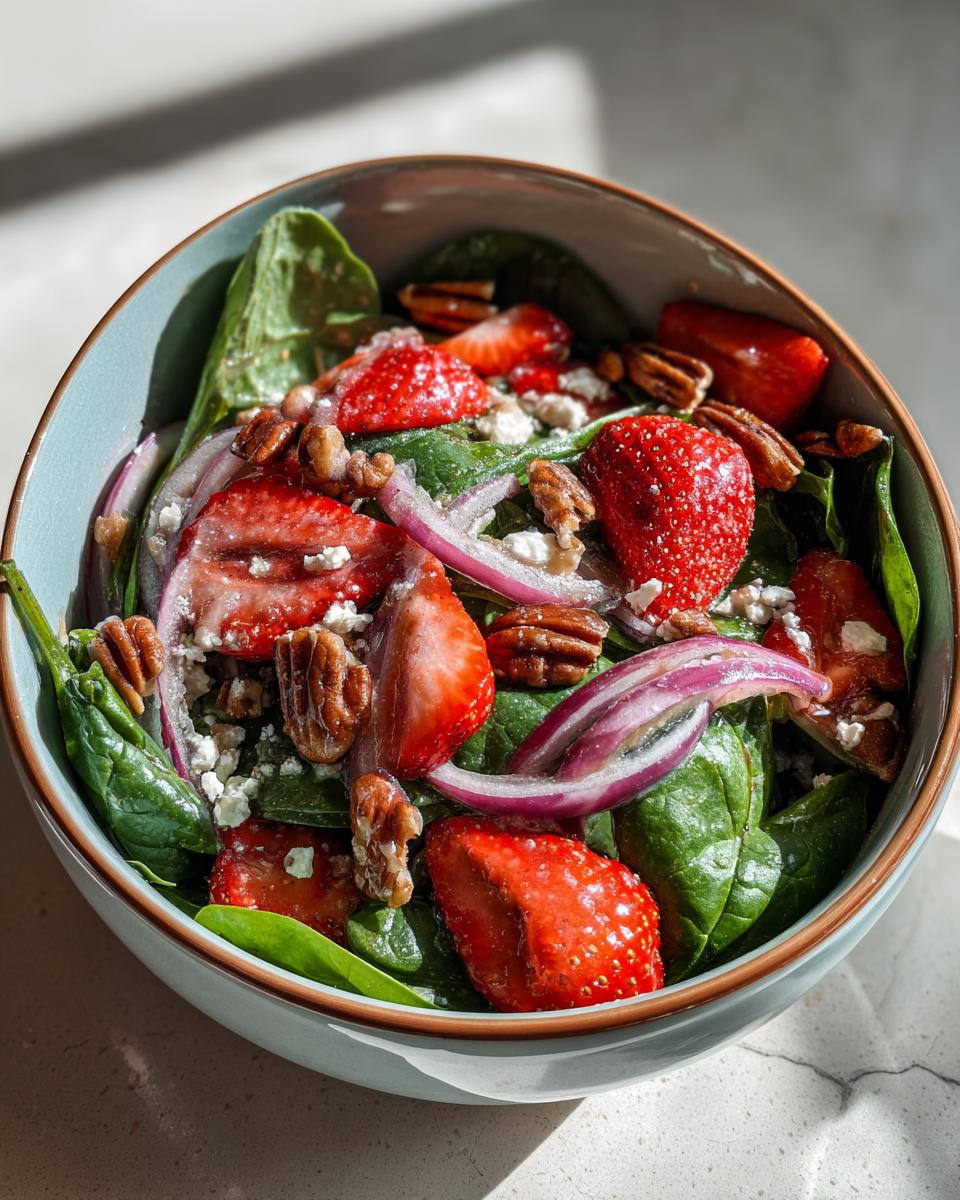 A vibrant bowl of strawberry spinach salad with sliced strawberries, red onion, pecans, and feta cheese.