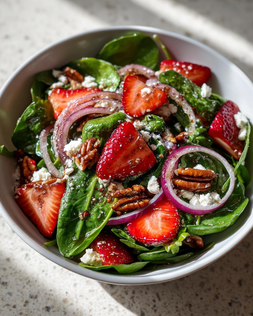 Close-up of a refreshing strawberry spinach salad with feta cheese, red onion, and pecans.