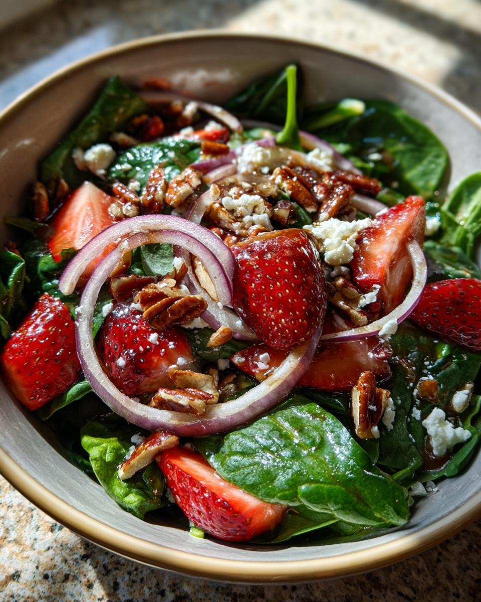 Close-up of a vibrant strawberry spinach salad with red onion, feta cheese, and pecans.