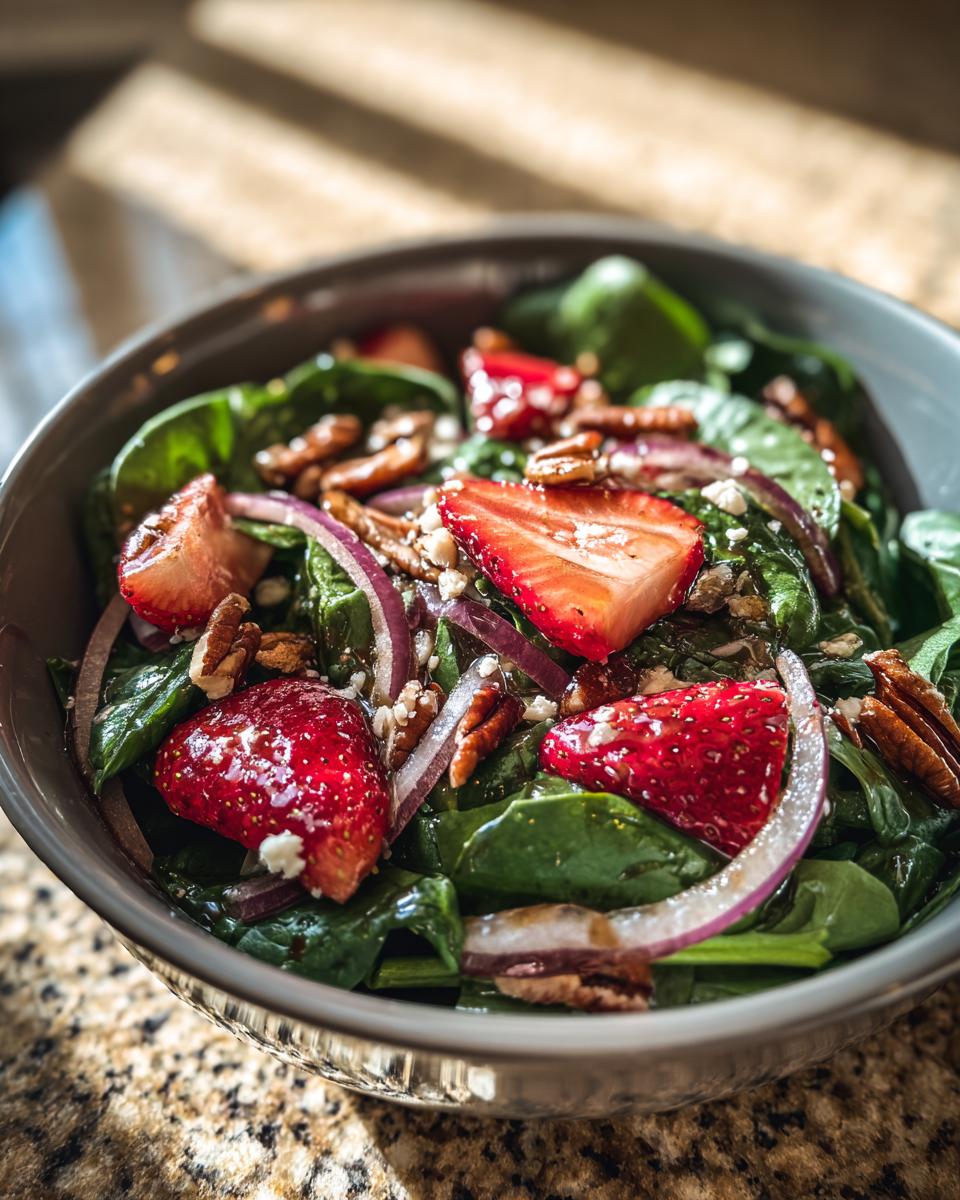 A close-up of a refreshing strawberry spinach salad with pecans, red onion, and feta cheese.