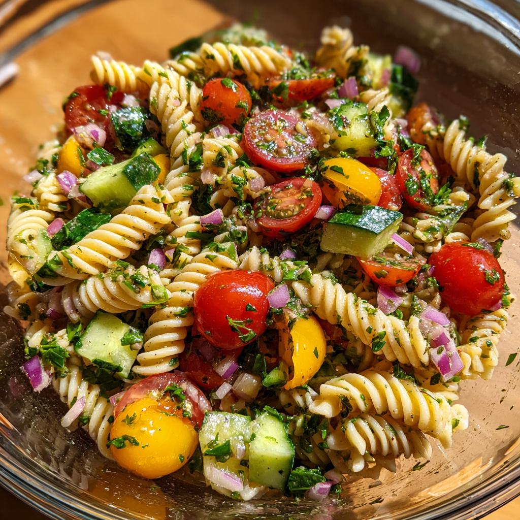 A vibrant bowl of Summer Pasta Salad, featuring rotini pasta, cherry tomatoes, cucumber, red onion, and fresh herbs.