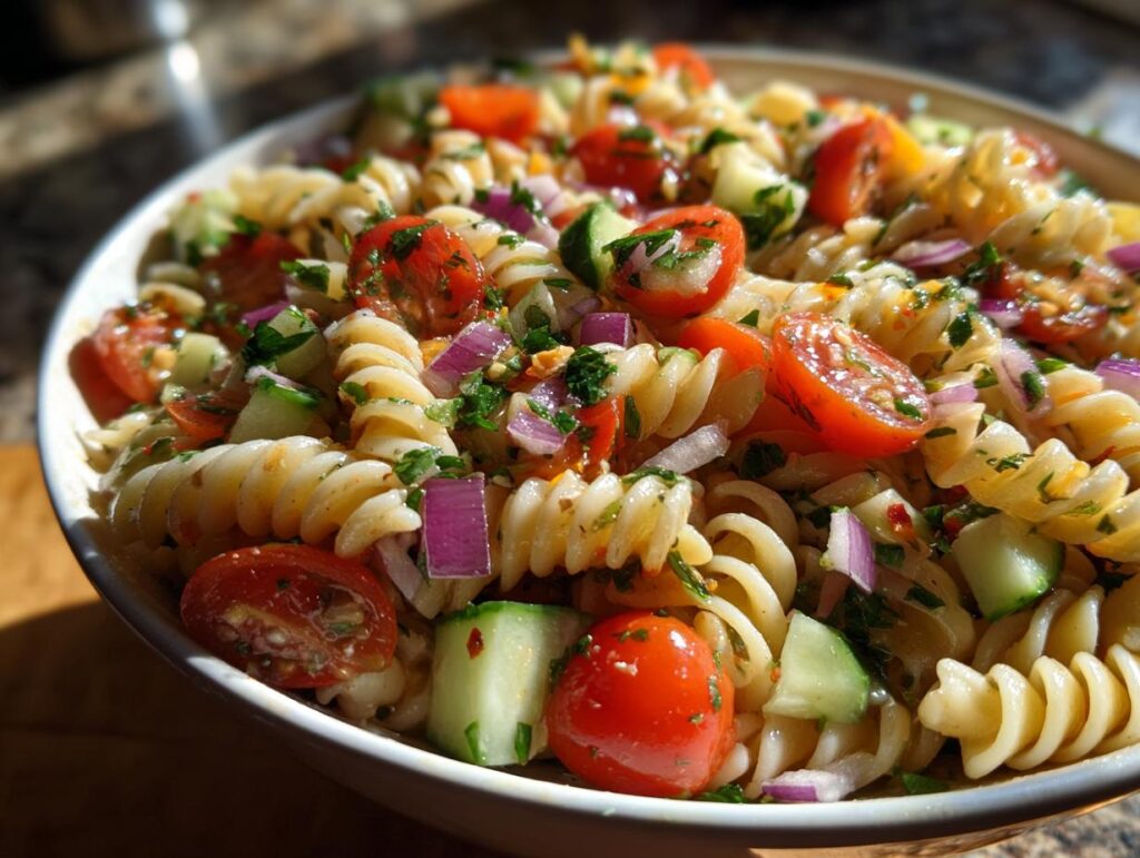 A close-up of a vibrant summer pasta salad featuring fusilli pasta, cherry tomatoes, cucumber, red onion, and fresh herbs.