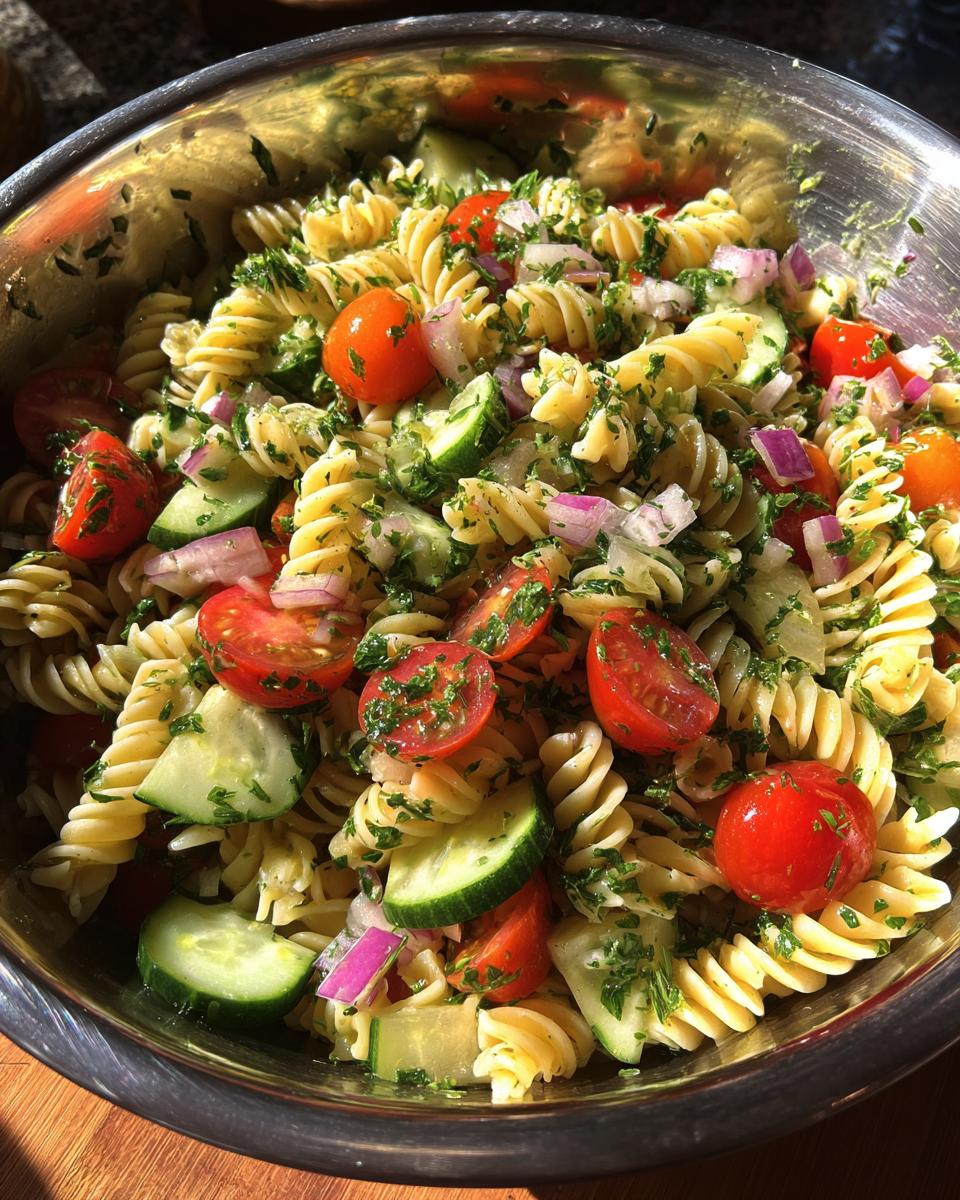Close-up of a vibrant summer pasta salad with fusilli, cherry tomatoes, cucumber, red onion, and fresh herbs.