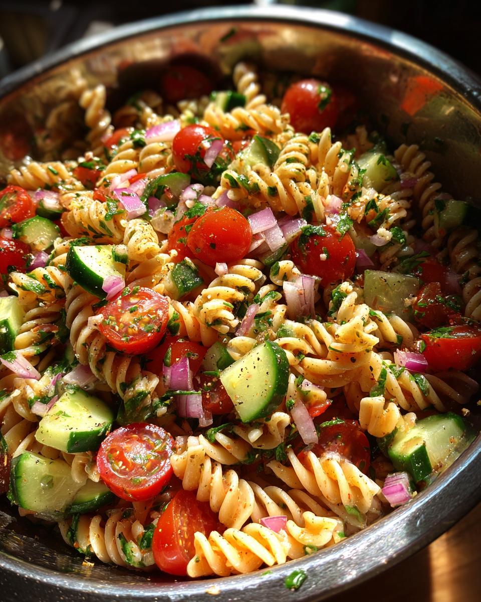 Close-up of a vibrant summer pasta salad with fusilli, cherry tomatoes, cucumber, red onion, and fresh herbs.