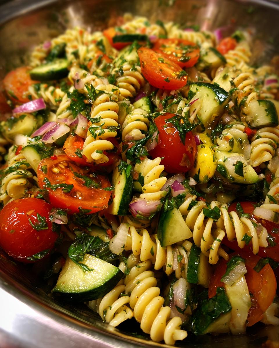 Close-up of a vibrant Summer Pasta Salad with fusilli pasta, cherry tomatoes, cucumber, red onion, and fresh herbs.