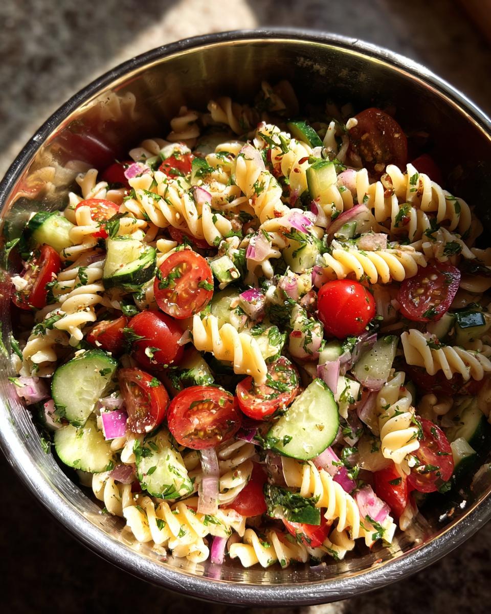 A close-up of a vibrant Summer Pasta Salad with fusilli, cherry tomatoes, cucumber, red onion, and fresh herbs.
