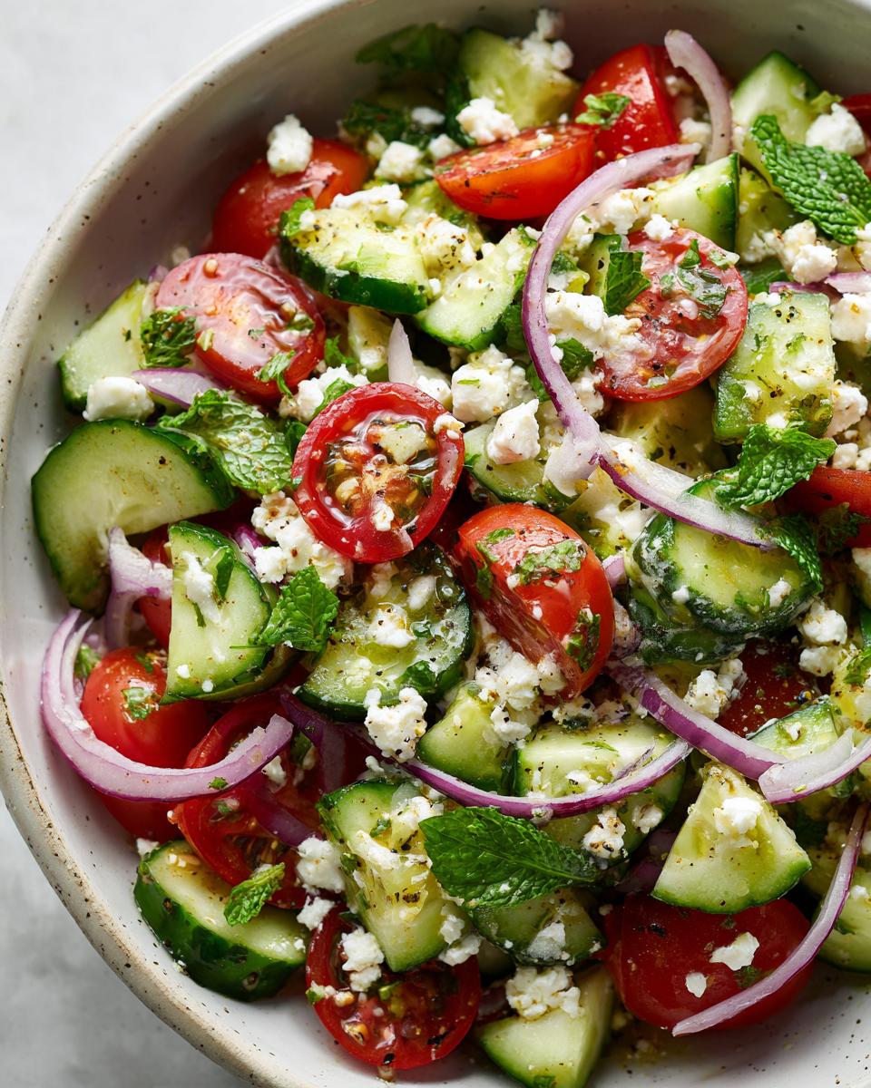 Close-up of a refreshing summer salad with cucumber, tomato, feta cheese, red onion, and mint.