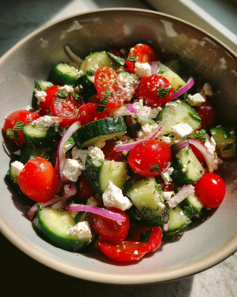 A refreshing summer salad with cucumber, tomato, feta cheese, and red onion, perfect for cookouts.