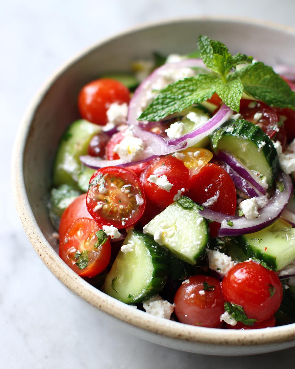A refreshing summer salad with cucumber, cherry tomatoes, feta cheese, and red onion, perfect for cookouts.