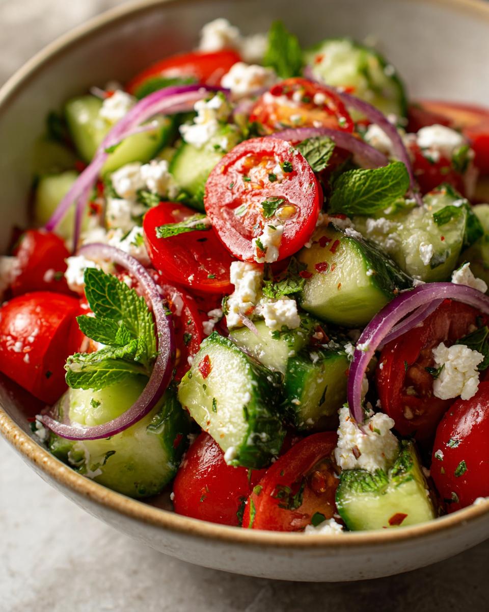 Close-up of a refreshing summer salad with cucumber, tomato, feta cheese, red onion, and mint.
