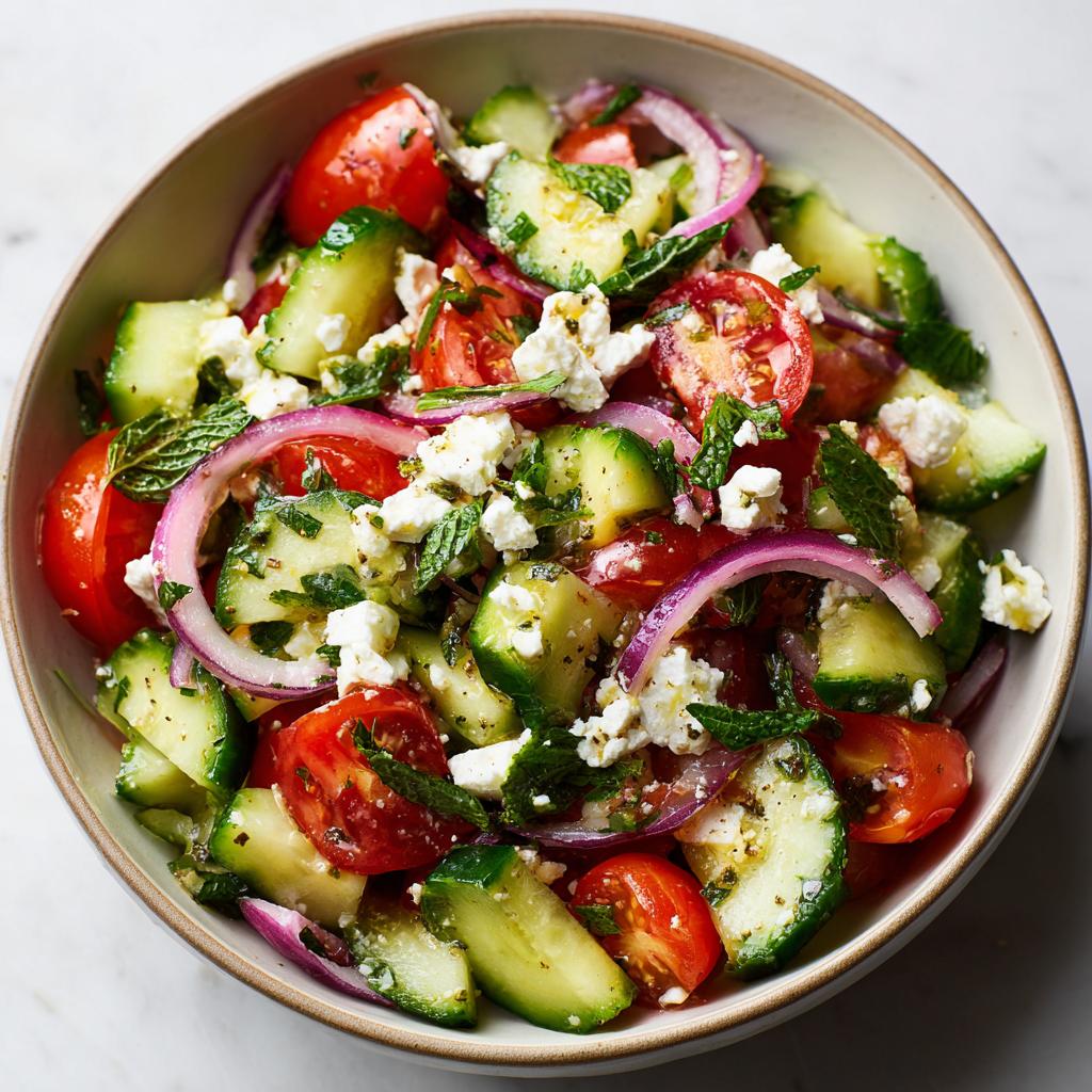 A refreshing summer salad with cucumber, tomato, feta, and red onion, perfect for cookouts.