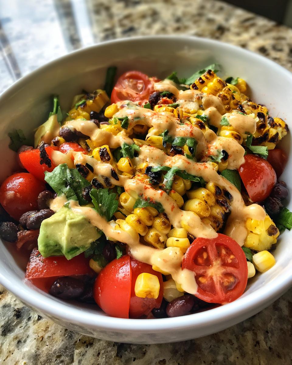 A close-up of a summer salad with grilled corn, black beans, cherry tomatoes, avocado, and a creamy dressing.