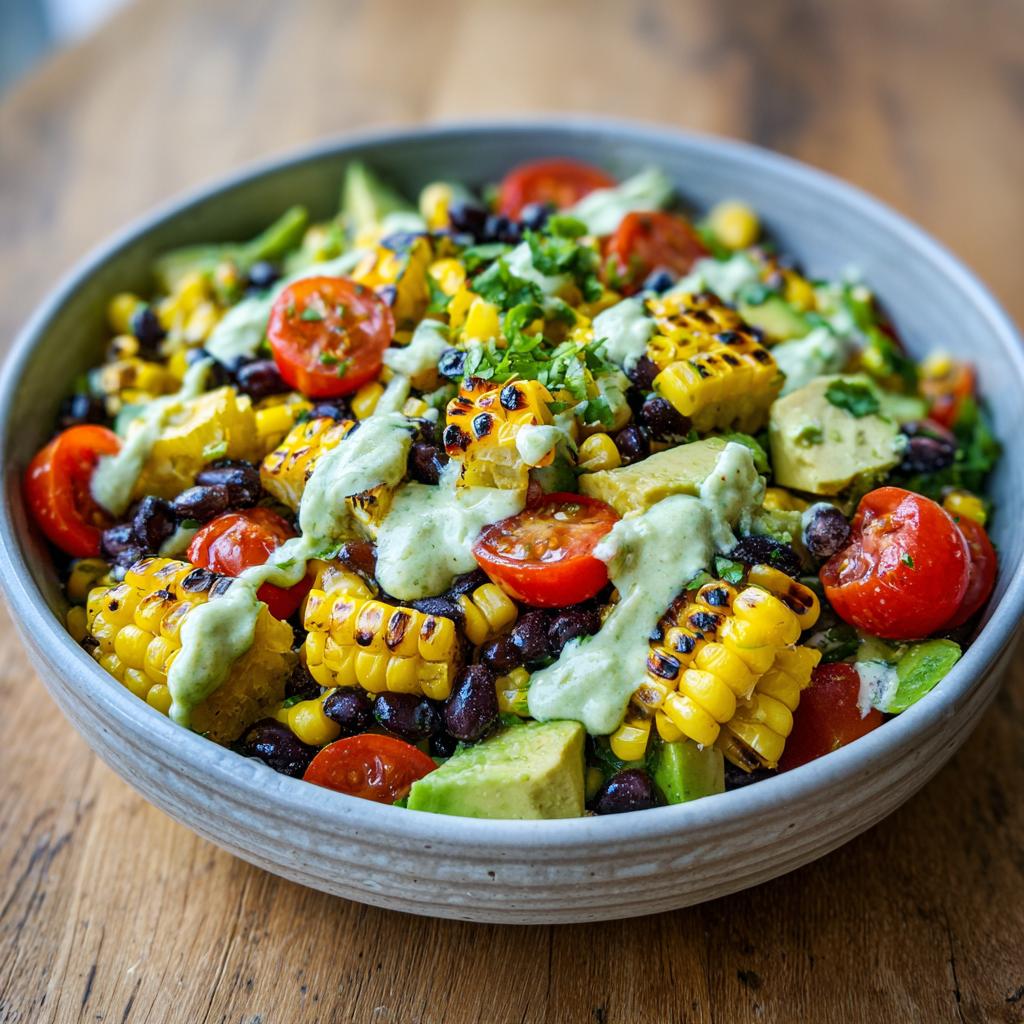 A vibrant bowl of summer salad featuring grilled corn, black beans, cherry tomatoes, avocado, and a creamy avocado lime dressing.
