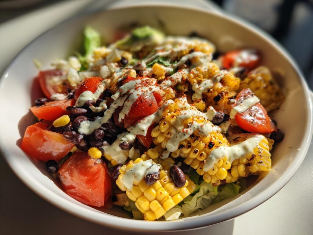 Close-up of a vibrant summer salad featuring grilled corn, black beans, tomatoes, and drizzled with avocado lime dressing.