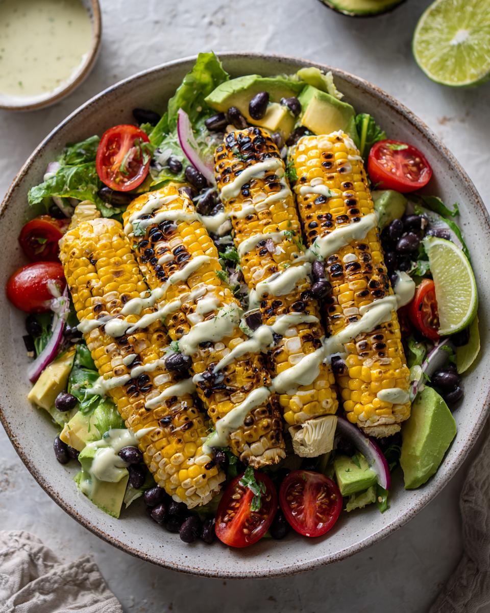 Close-up of a vibrant summer salad featuring grilled corn on the cob, black beans, avocado, tomatoes, and red onion, drizzled with avocado lime dressing.