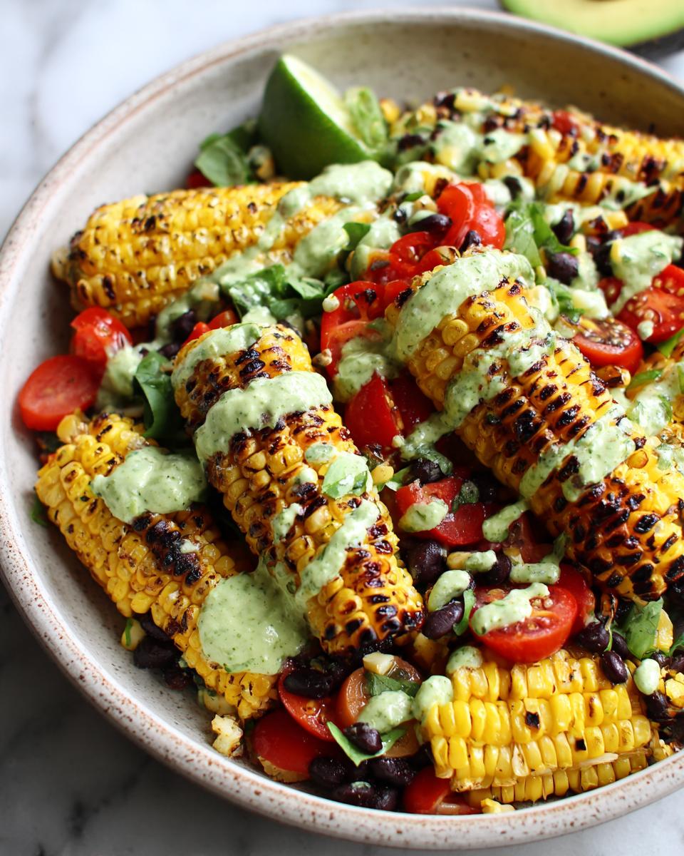 Close-up of a vibrant summer salad featuring grilled corn on the cob, black beans, cherry tomatoes, and a creamy avocado lime dressing.