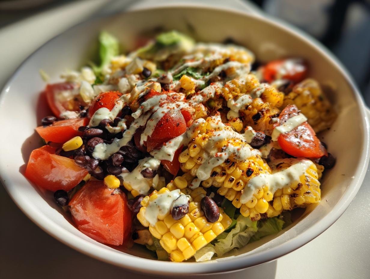 Close-up of a vibrant summer salad featuring grilled corn, black beans, tomatoes, and drizzled with avocado lime dressing.