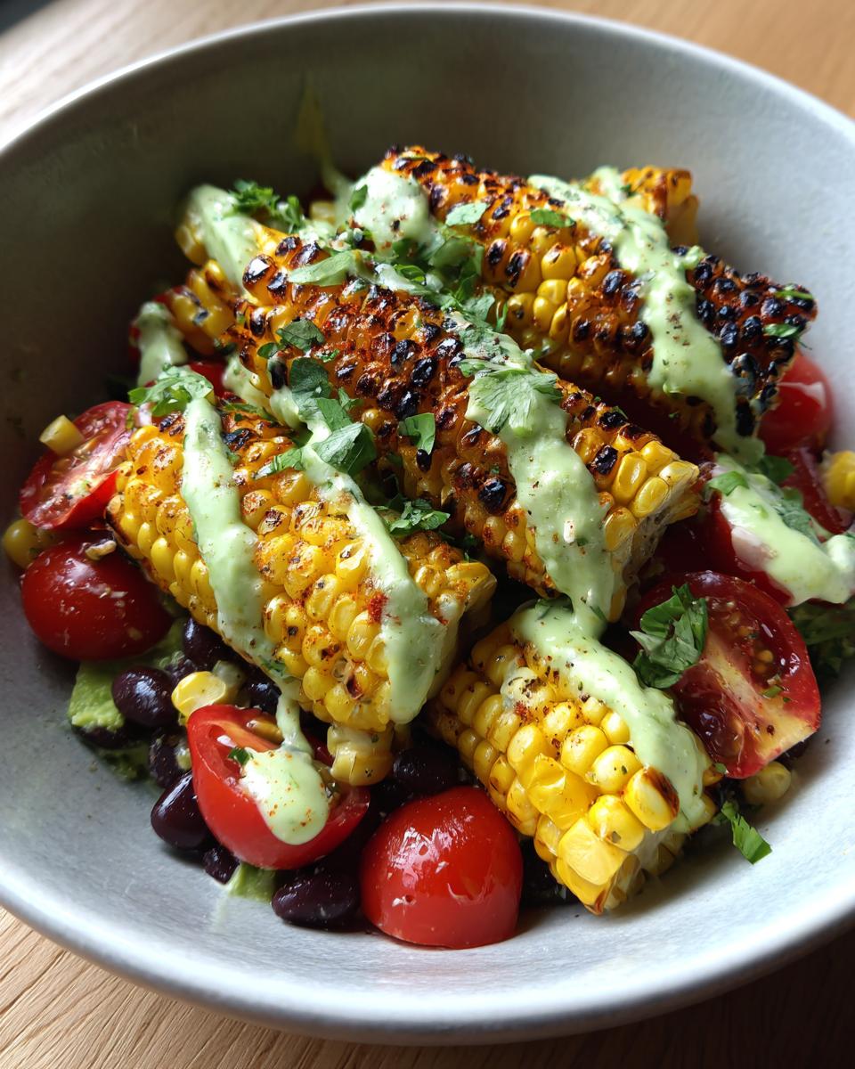 Close-up of a vibrant summer salad with grilled corn, cherry tomatoes, black beans, and avocado lime dressing.