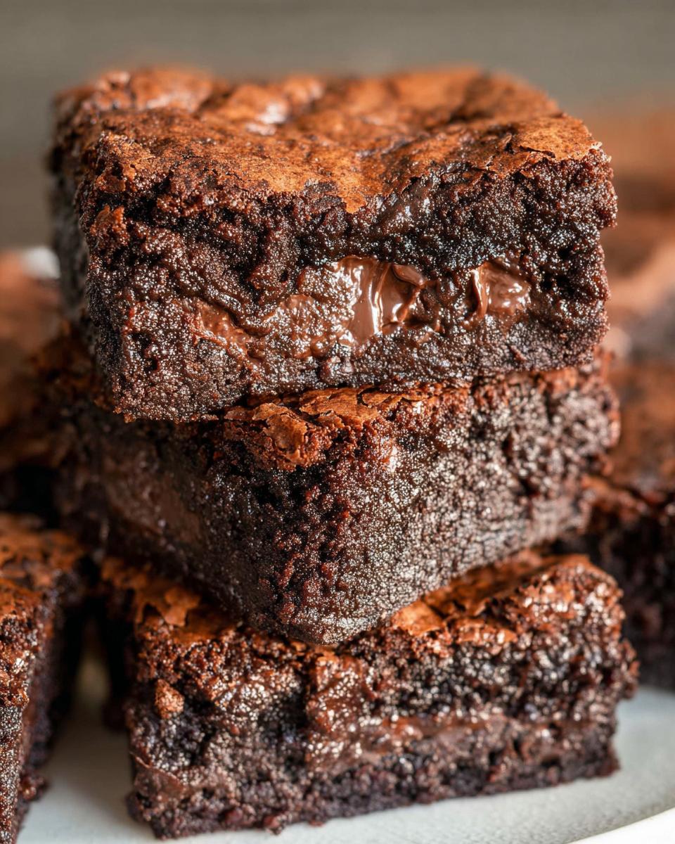 Close-up of a stack of fudgy, tasty zero sugar brownies with a gooey melted chocolate center.