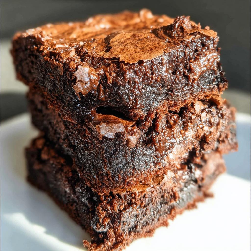 A stack of three rich, dark chocolate Tasty Zero Sugar Brownies with visible chocolate chips.