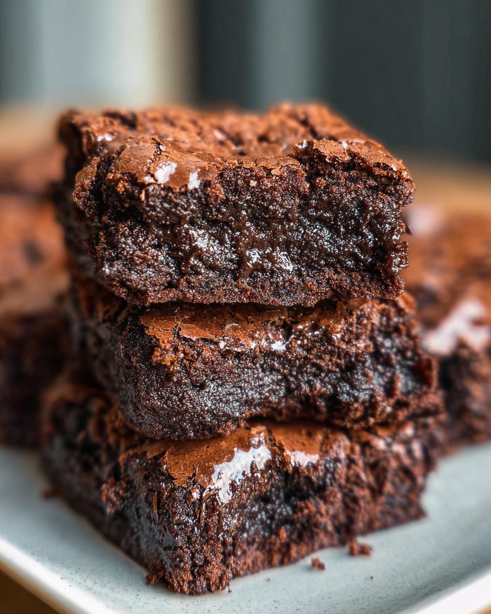 A close-up stack of three rich, fudgy Tasty Zero Sugar Brownies with Greek Yogurt.