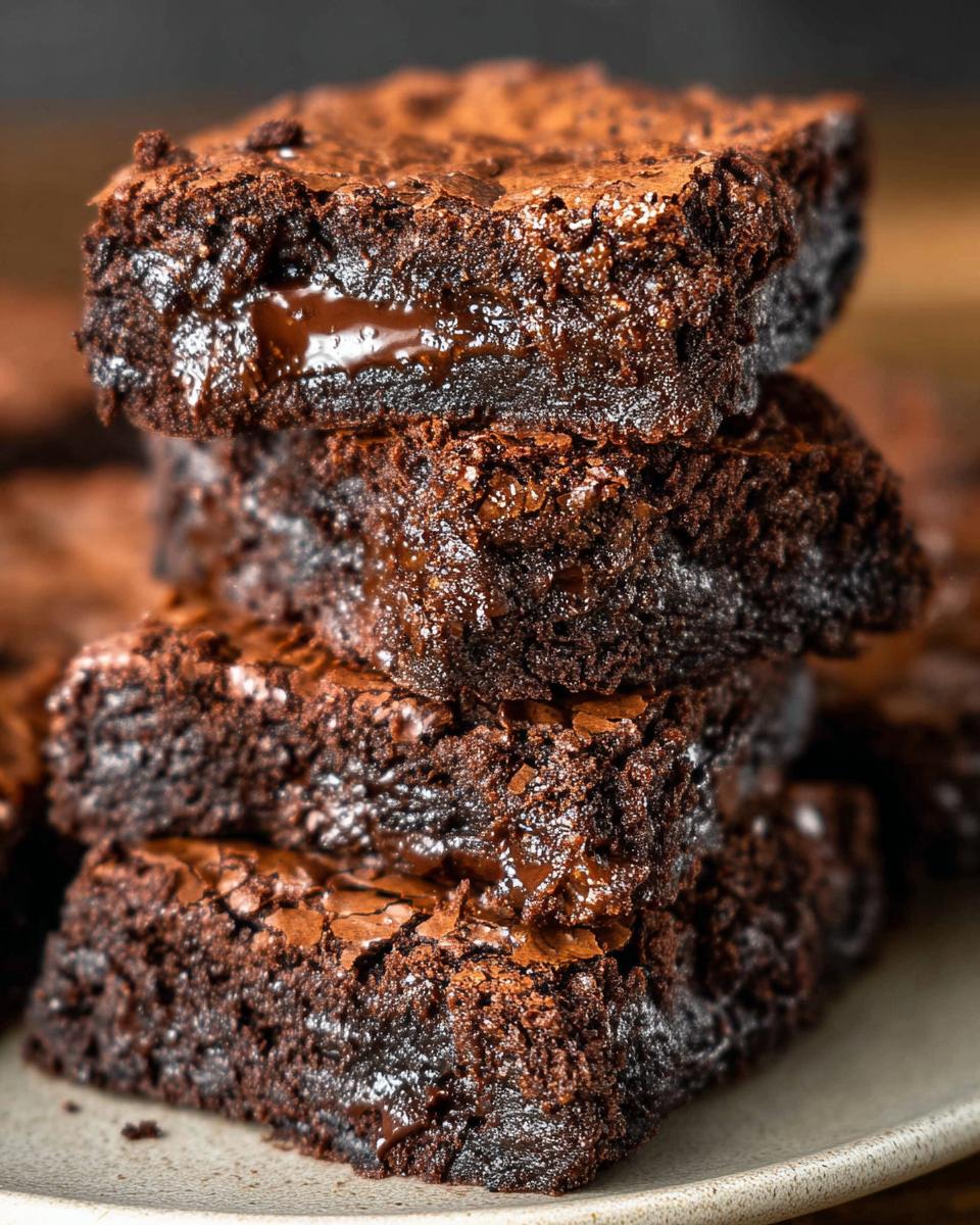 A stack of rich, fudgy Tasty Zero Sugar Brownies with melted chocolate oozing out.