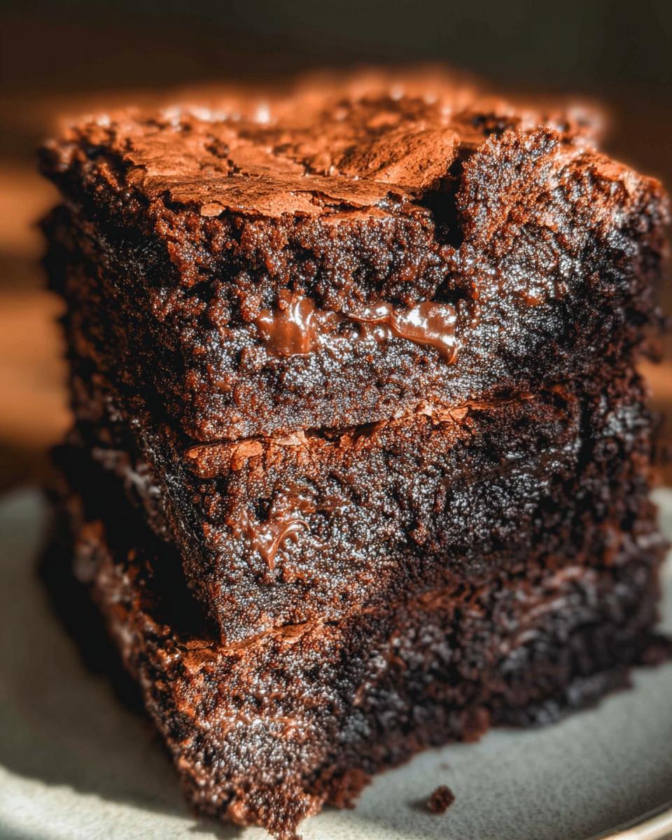A close-up stack of three rich, dark, and fudgy Tasty Zero Sugar Brownies with visible melted chocolate.
