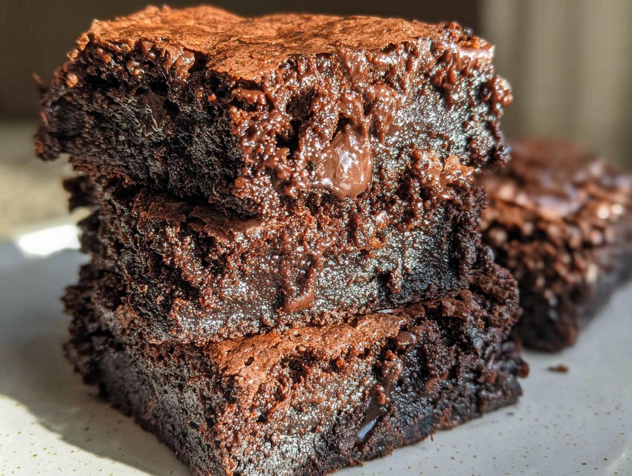 A stack of three rich, dark chocolate Tasty Zero Sugar Brownies with visible chocolate chips.