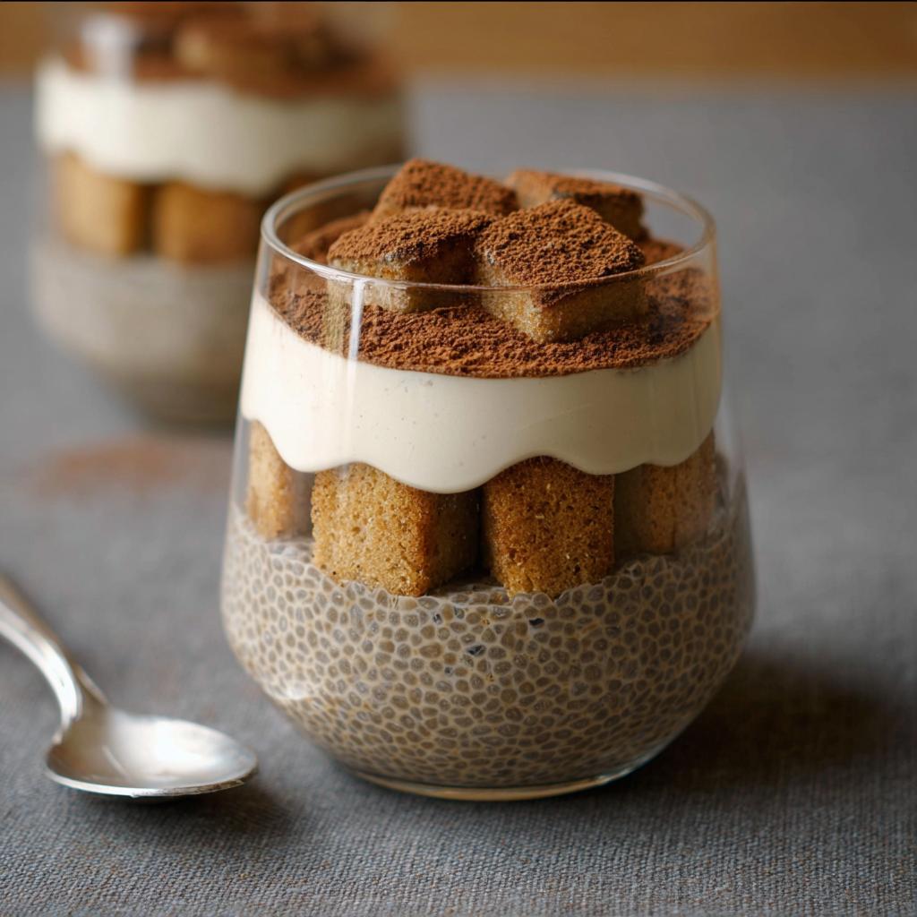 A close-up of Tiramisu Chia Pudding layered in a glass, with ladyfingers and cocoa powder.