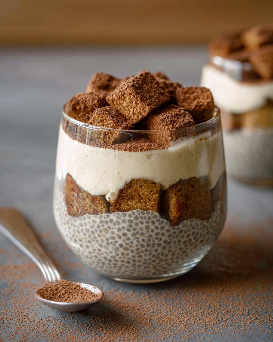 A close-up of Tiramisu Chia Pudding in a glass, layered with chia seeds, cream, and cake cubes dusted with cocoa.